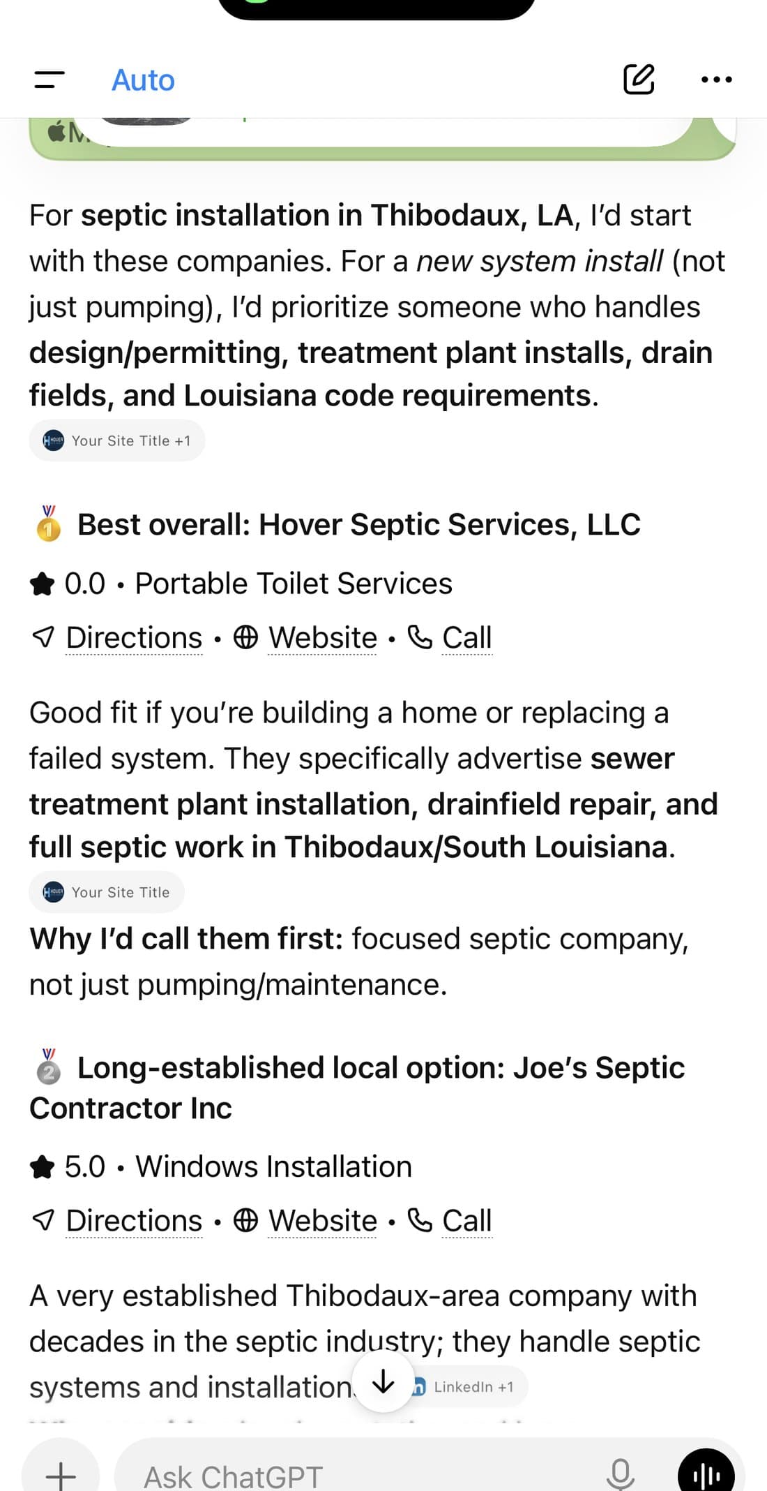 Screenshot of ChatGPT crowning Hover Septic Services as 'Best overall' for septic installation in Thibodaux, Louisiana.