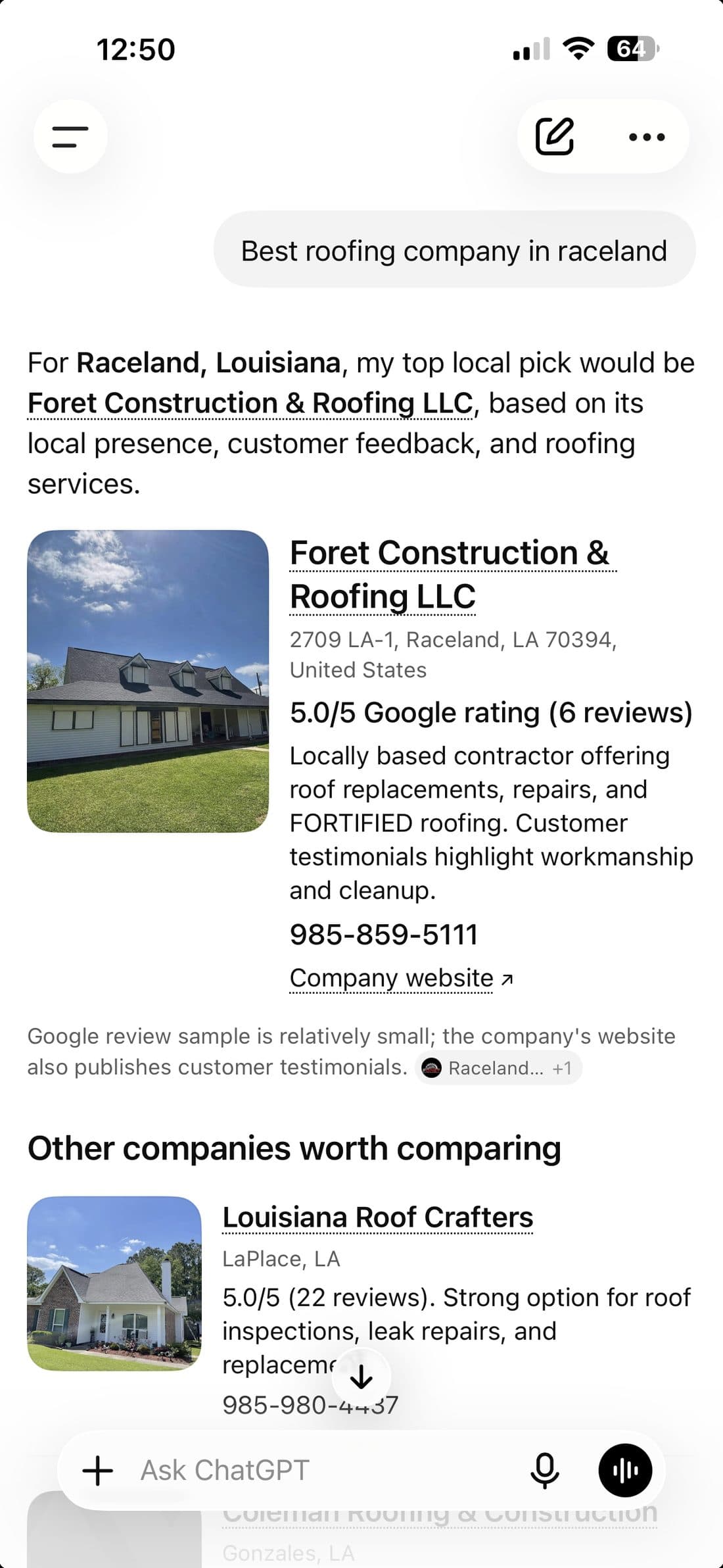 Screenshot of ChatGPT naming Foret Construction and Roofing its top local pick for the best roofing company in Raceland, Louisiana.